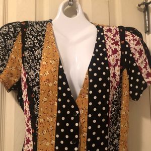 Forever 21 floral & polka dot button down 90’s flare dress - small